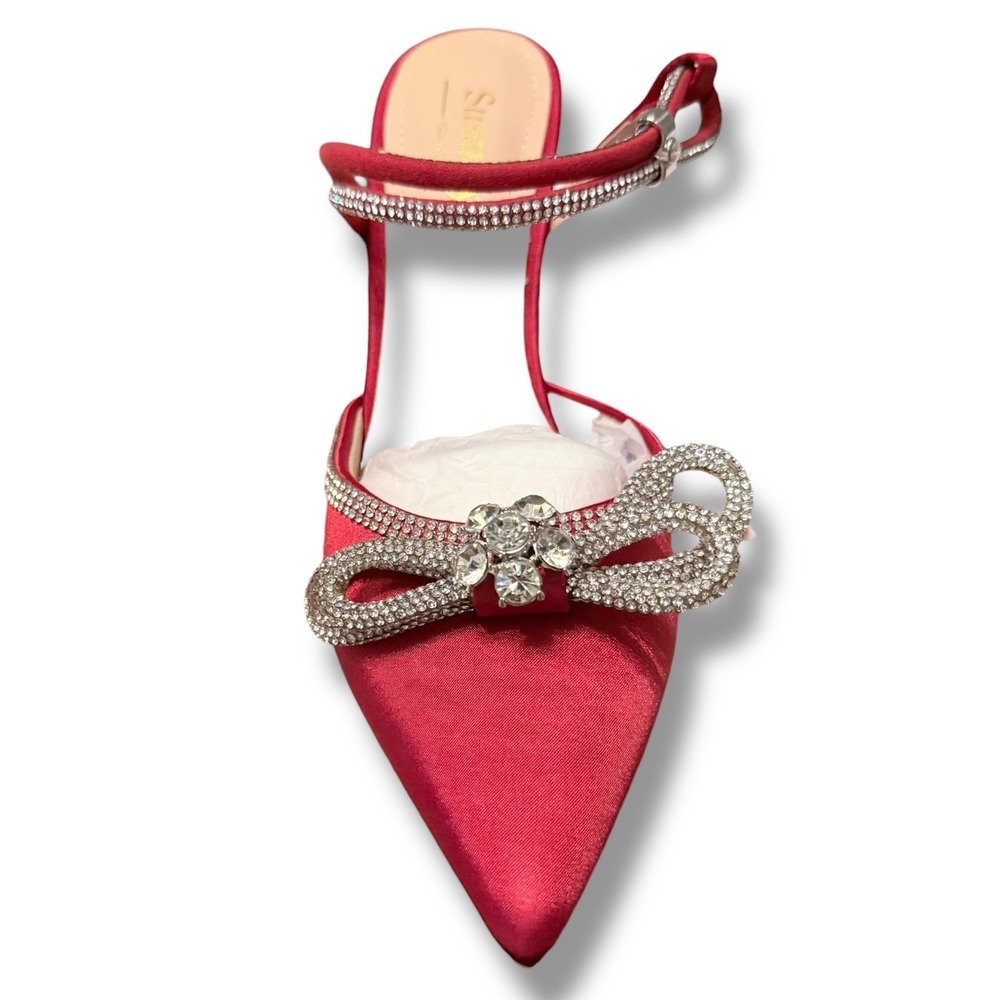 Susanny Red Stiletto Heel Sandals Women's Sz 7.5 Pointed Toe Bow Rhinestone - Picture 2 of 16